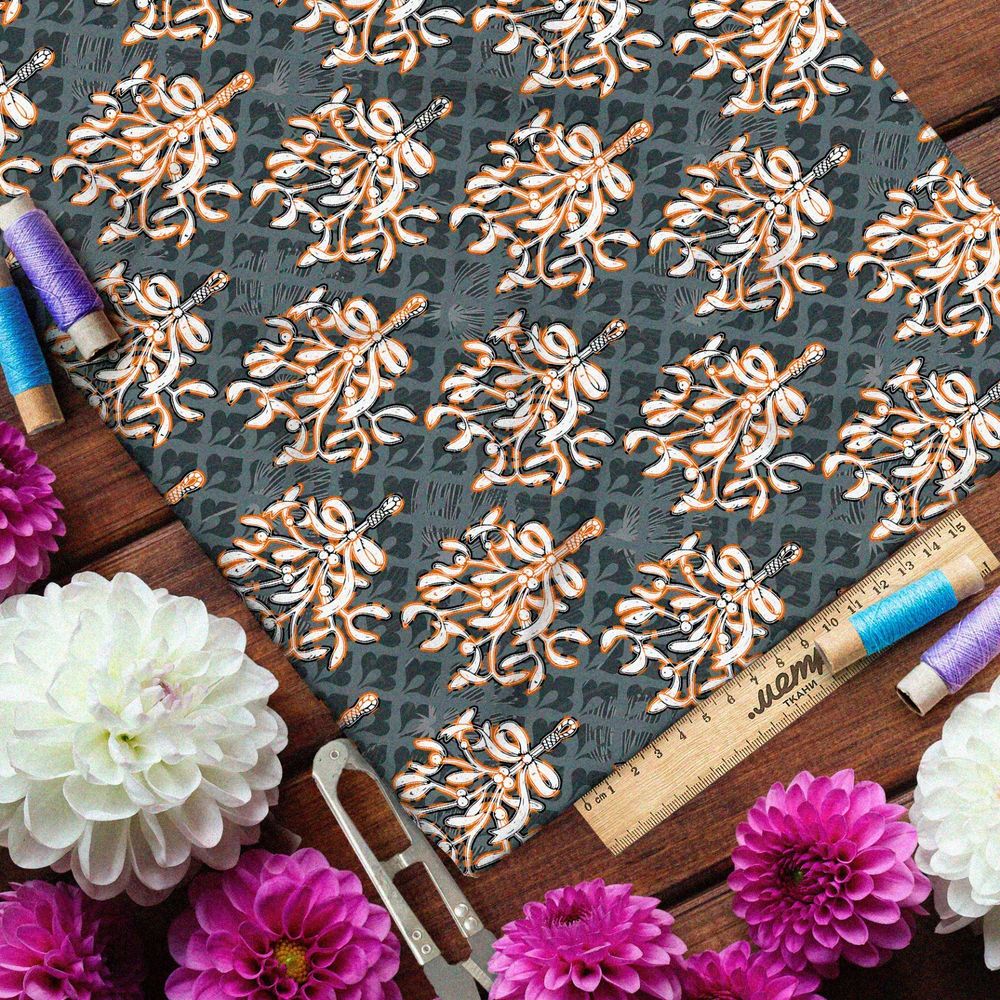 Ткань шифон медные банты на вьющихся ветвях