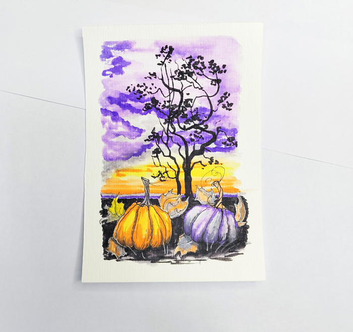 Авторская открытка от Стрелки Натали. Акварель. Хэллоуинские тыквы
