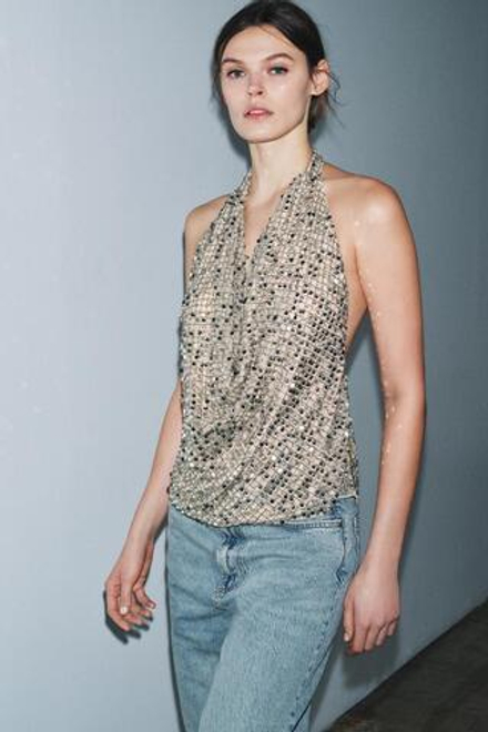 ZARA ТОП С ПАЙЕТКАМИ И ГОРЛОВИНОЙ ХАЛТЕР — ZW COLLECTION, СЕРЕБРИСТЫЙ