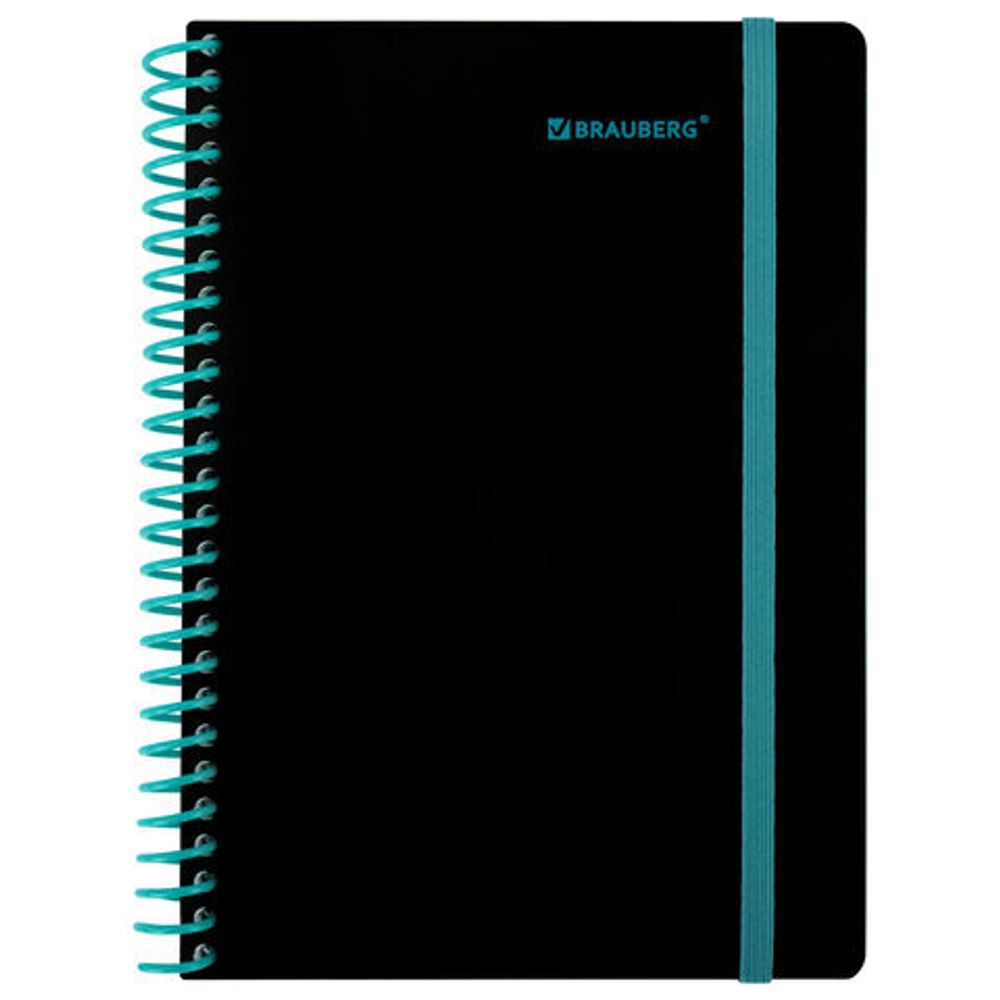 Тетрадь обложка пластик, А5 80 л., спираль пластик, резинка, клетка, BRAUBERG, черный/синий, 405385