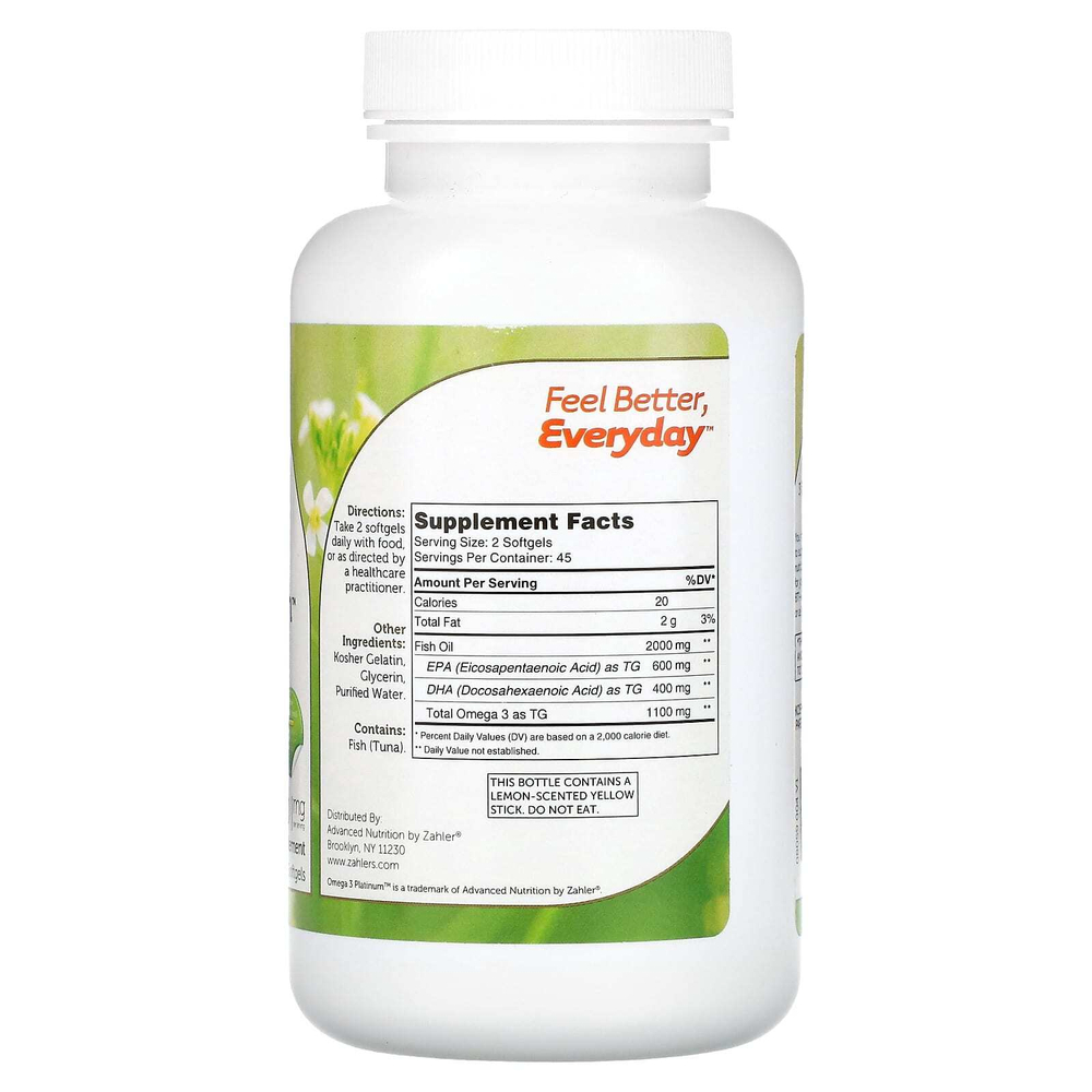 Zahler, Omega 3 Platinum, рыбий жир с омега-3, улучшенная формула, 2000 мг, 90 капсул (1000 мг в 1 капсуле)