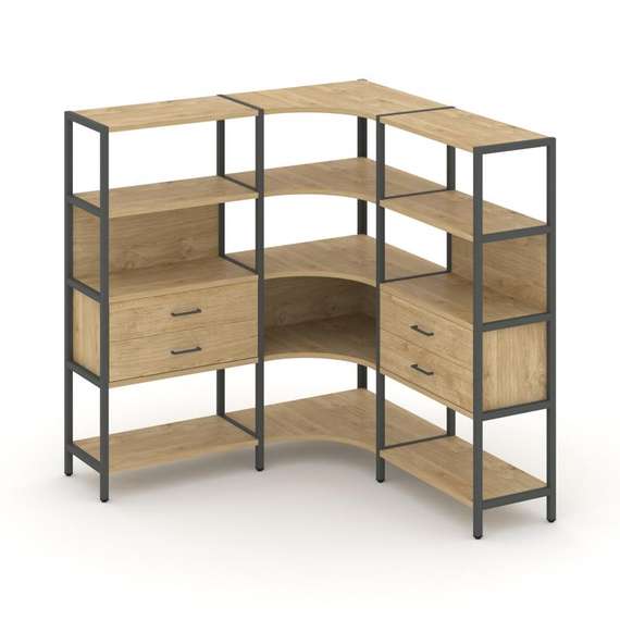 Shelf System Трехсекционный угловой стеллаж четырехярусный с ящиками SN.STMU-431 Тиквуд Светлый/Мета