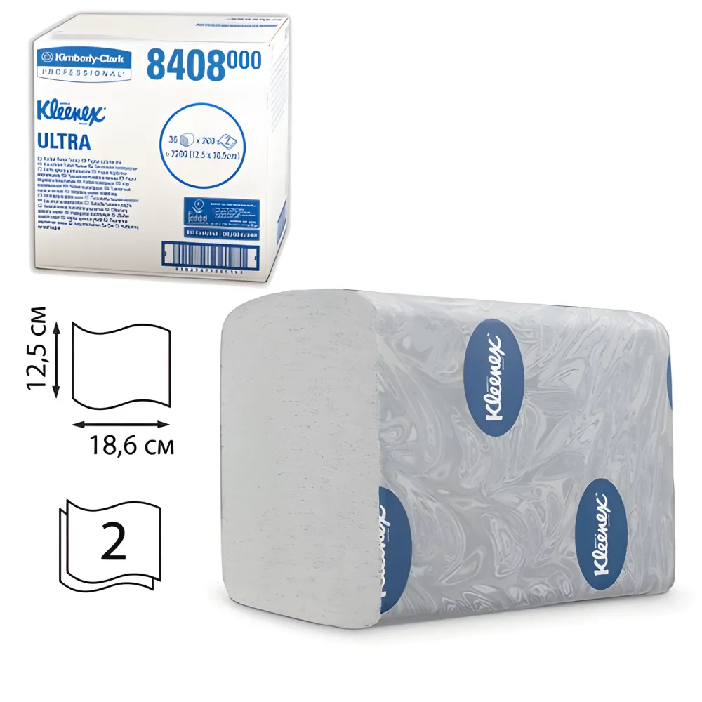 Бумага туалетная листовая KIMBERLY-CLARK Kleenex, КОМПЛЕКТ 36 шт., Ultra, 200 л., 18,6х12,5 см, 2-слойная, артикул 8408