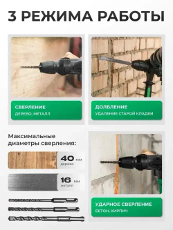 Перфоратор Electrolite, 1500 Вт, 8.0 Дж, 3 режима, буры, зубило пика в комплекте, SDS+, П 1500