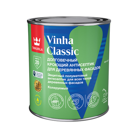 Антисептик для деревянных фасадов Tikkurila Vinha Classic, полуматовый, база А, белый, 0,9 л