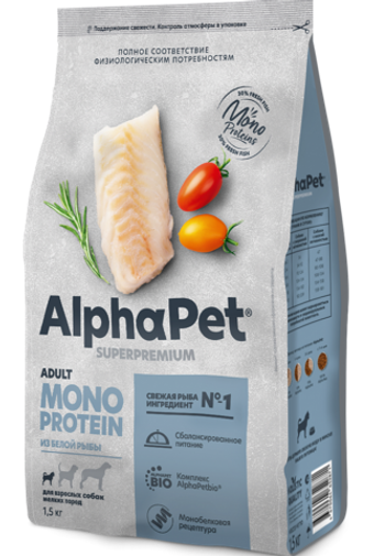 Сухой корм для взрослых собак мелких пород AlphaPet Superpremium Monoprotein (АльфаПет) из белой рыбы, 1,5 кг