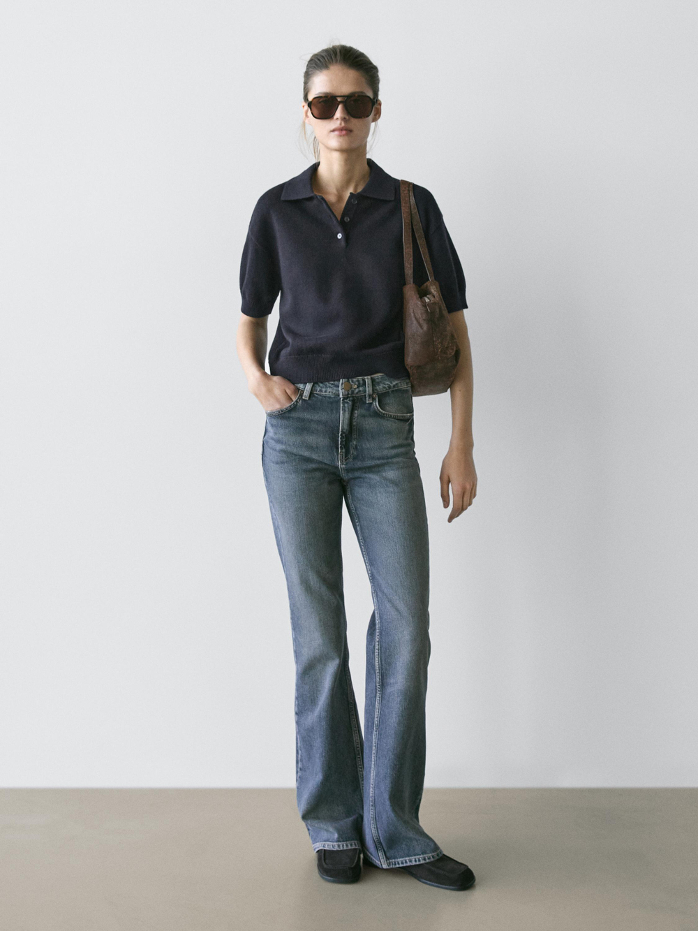 Massimo Dutti Свитер из смесовой шерсти с воротником поло, темно-синий