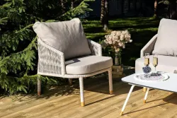 "Верона" кресло плетеное из роупа, каркас алюминий белый муар, роуп бежевый круглый, ткань бежевая 052