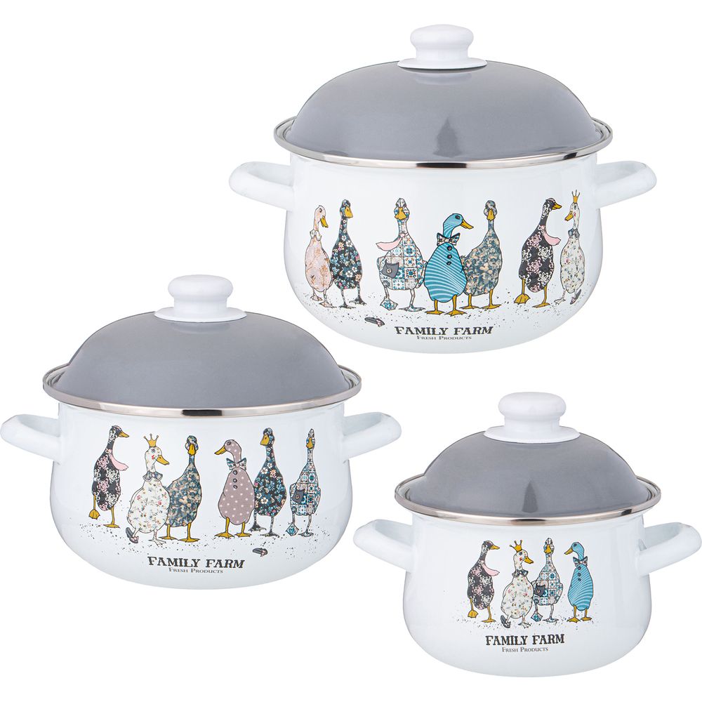 НАБОР КАСТРЮЛЬ AGNESS ЭМАЛИРОВАННЫХ СЕРИЯ "FAMILY FARM", 6ПР. 1,5/2,8/3,6Л, 16Х10/20Х12/22Х13СМ