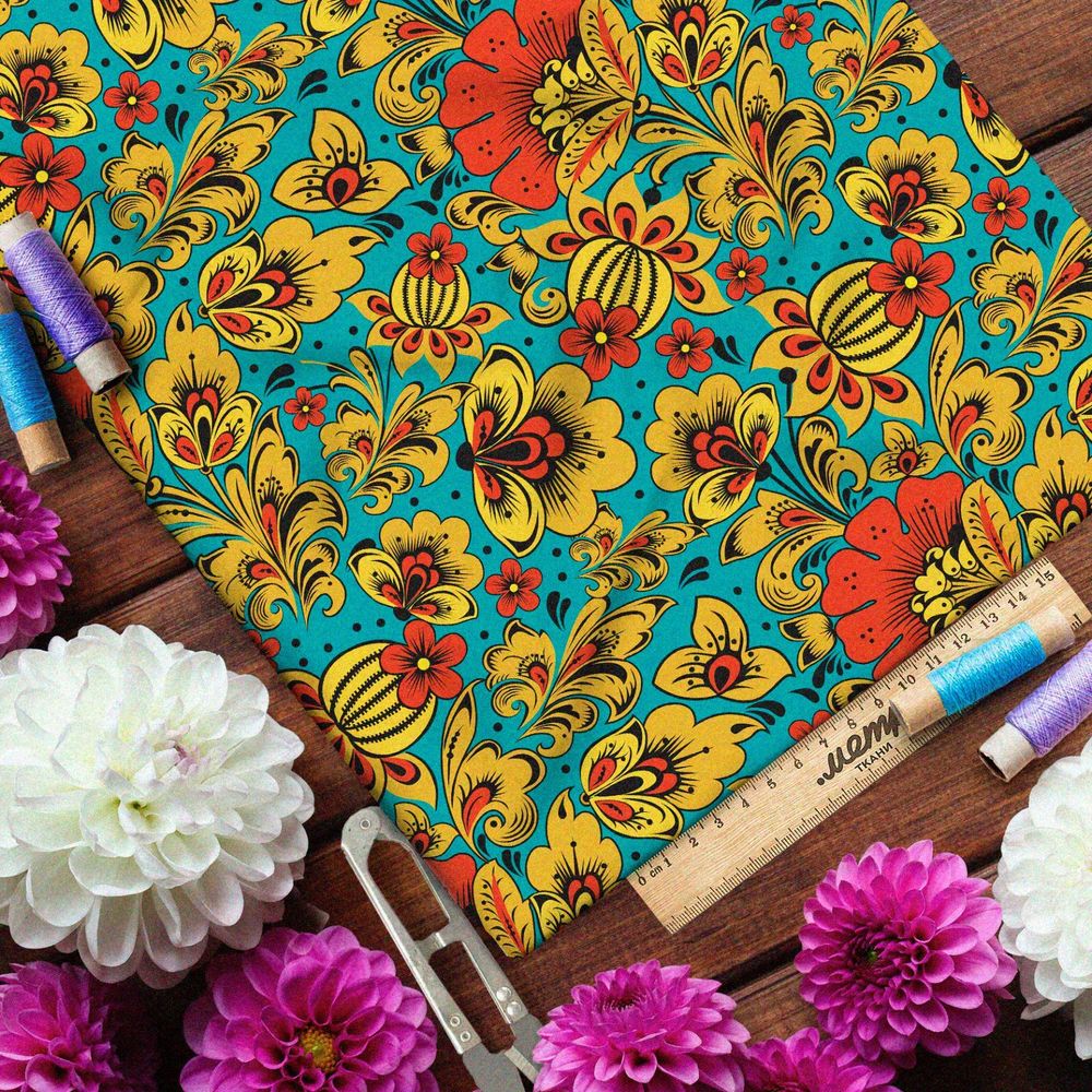 Ткань атлас хохлома из маков и кактусов на бирюзовом фоне