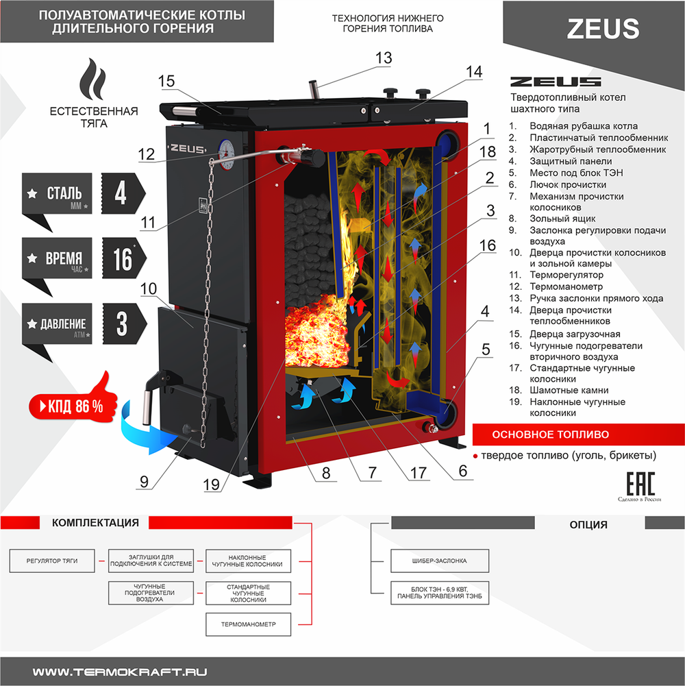 Котел полуавтоматический нижнего горения ZEUS (Зевс) 32 кВт