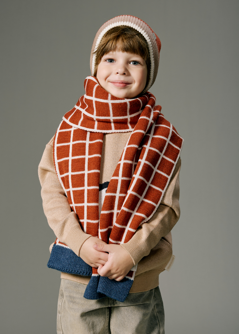 Шарф вязаный "Клетка" (экрю+терракот)