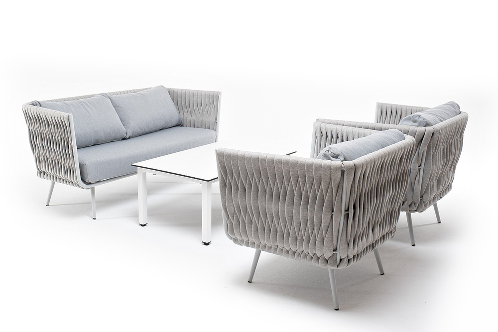 "Монако" лаунж-зона 4-местная из роупа со столом "Верона" (серый гранит), каркас светло-серый, роуп светло-серый