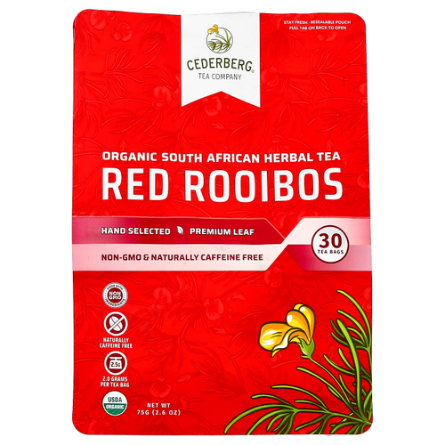Cederberg Tea Co, органический южноафриканский травяной чай, красный ройбуш, без кофеина, 30 чайных пакетиков, 75 г (2,6 унции)