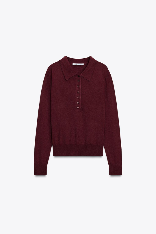 ZARA ОДНОТОННЫЙ ТРИКОТАЖНЫЙ СВИТЕР ПОЛО, БУРГУНДИ