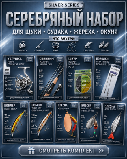 Готовый рыболовный набор Silver: спиннинг, катушка и приманки