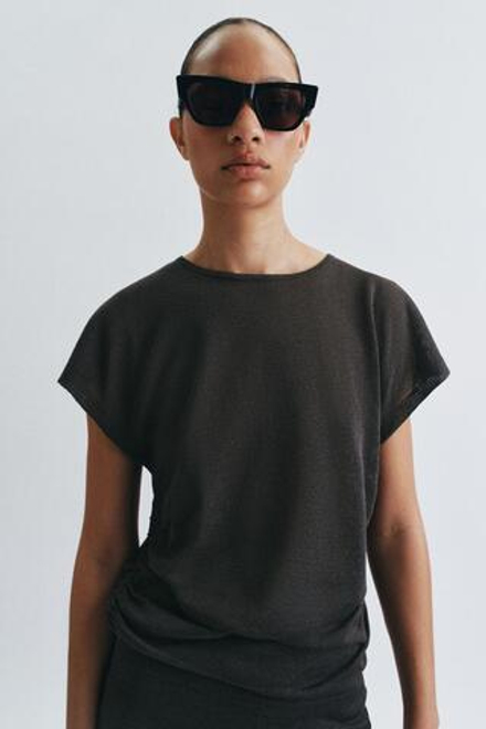 ZARA ТРИКОТАЖНЫЙ ТОП СО СБОРКАМИ, МОРСКОЙ ТЕМНО-СИНИЙ