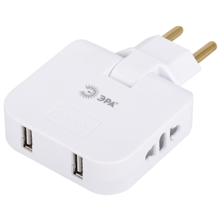 Разветвитель электрический ЭРА SPF-2-FL-USB поворотный на 2 розетки + 2USB 10А белый