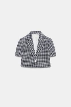 ZARA КОРОТКИЙ БЛЕЙЗЕР В КЛЕТКУ ВИШИ, ТЕМНО-СИНИЙ/БЕЛЫЙ