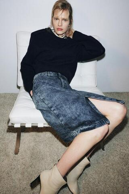 ZARA ДЖИНСОВАЯ ЮБКА МИДИ — ZW COLLECTION, ГОЛУБОЙ