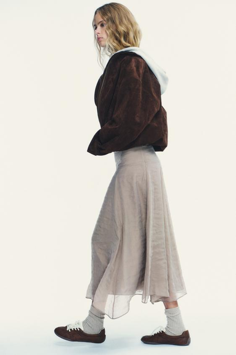 ZARA ЮБКА МИДИ ДВУХСЛОЙНАЯ, СЕРО-КОРИЧНЕВЫЙ