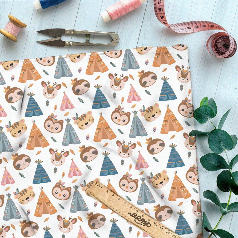 Ткань премиум шелк искусственный Армани мультяшные вигвамы