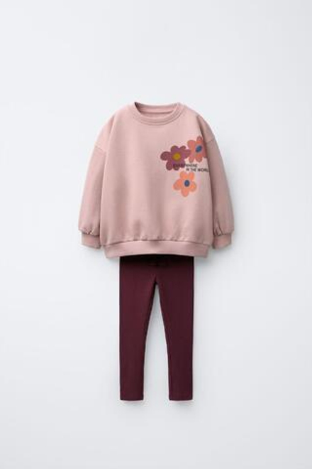 ZARA КОМПЛЕКТ ИЗ ТОЛСТОВКИ И ЛЕГГИНСОВ С ПРИНТОМ, ЛИНЯЛЫЙ РОЗОВЫЙ