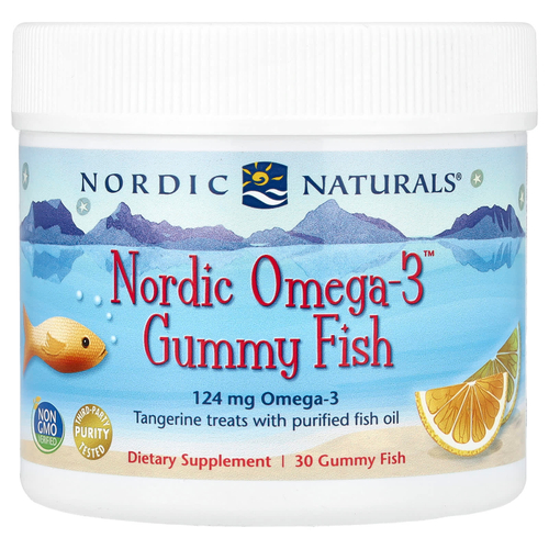Nordic Naturals, Nordic Omega-3 Gummy Fish, «мандариновые лакомства», 124 мг, 30 жевательная таблеток в форме рыбок