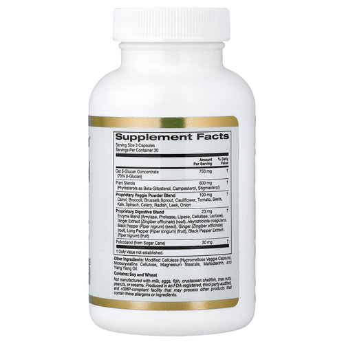 California Gold Nutrition, добавка для поддержки уровня холестерина, с концентратом овсяного бета-глюкана, растительными стеролами, смесью овощей и пищеварительной смесью, 90 вегетарианских капсул