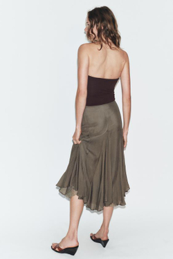 ZARA ЮБКА ГОДЕ ИЗ СТРУЯЩЕЙСЯ ТКАНИ С КРУЖЕВОМ, ТЕМНЫЙ ХАКИ