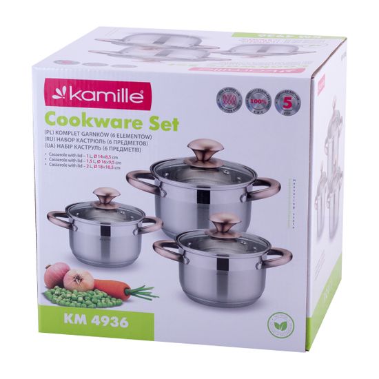 Набор кастрюль 6 предметов Kamille KM 4936 (1 л; 1,5 л; 2 л.) из нержавеющей стали с ручками под медь