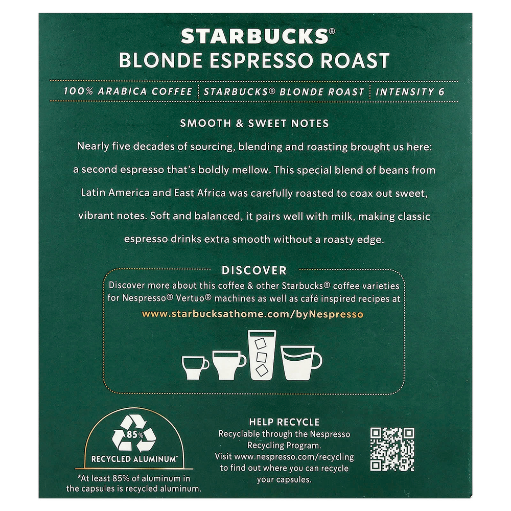 Starbucks, Nespresso®, светлый эспрессо, обжаренный, молотый, 10 алюминиевых капсул, 68 г (2,39 унции)