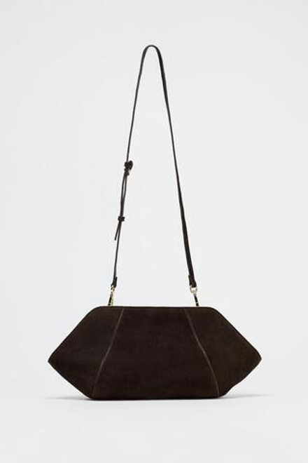 ZARA ЗАМШЕВЫЙ КЛАТЧ С ДЕКОРАТИВНОЙ СТРОЧКОЙ, КОРИЧНЕВЫЙ