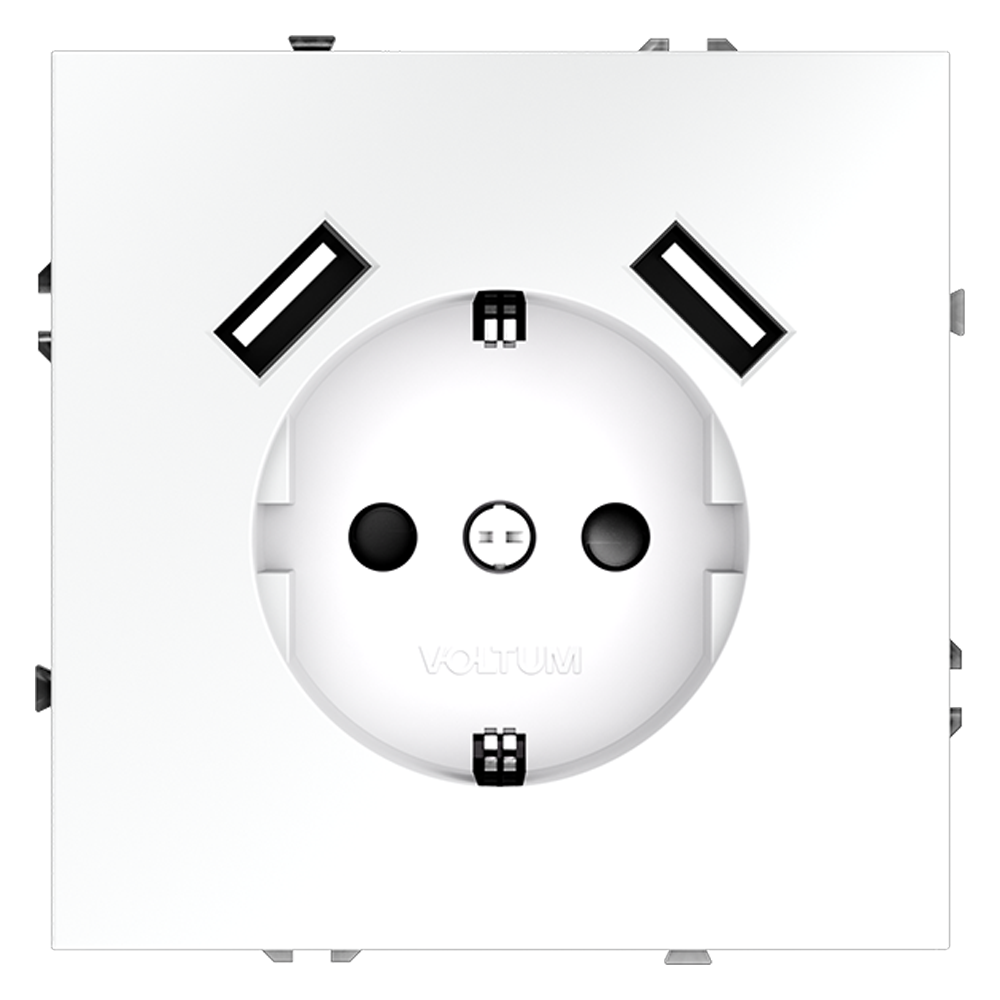 Розетка встраиваемая VOLTUM S70 с заземлением и защитными шторками, 16А, с USB, A+A, (белый матовый)