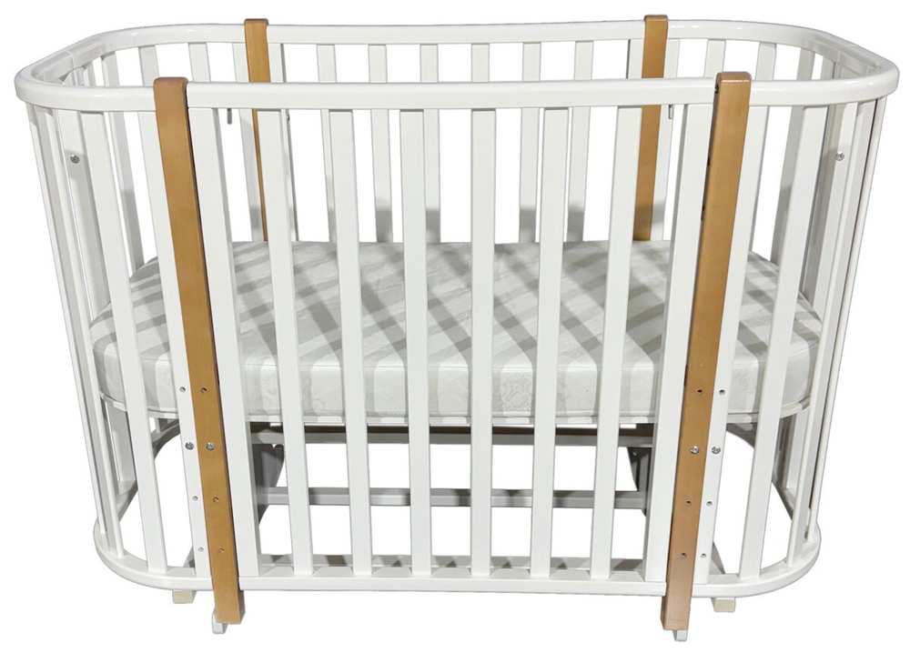 Кровать детская «Esenia» (2) автостенка, поперечный маятник, колесо (белый/натур) 2 коробки