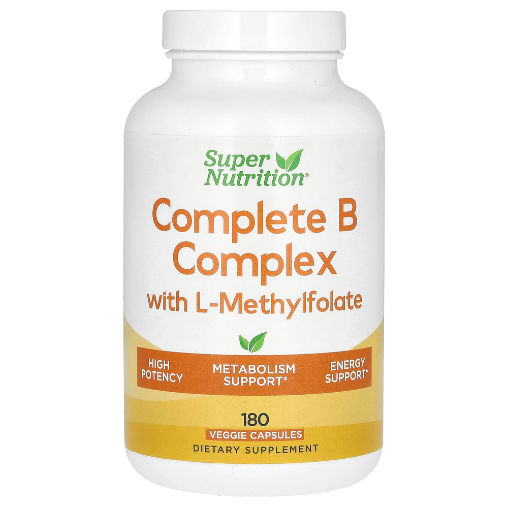 Super Nutrition, полный комплекс витаминов группы B с L-метилфолатом и метилкобаламином, витамином B12, 180 растительных капсул