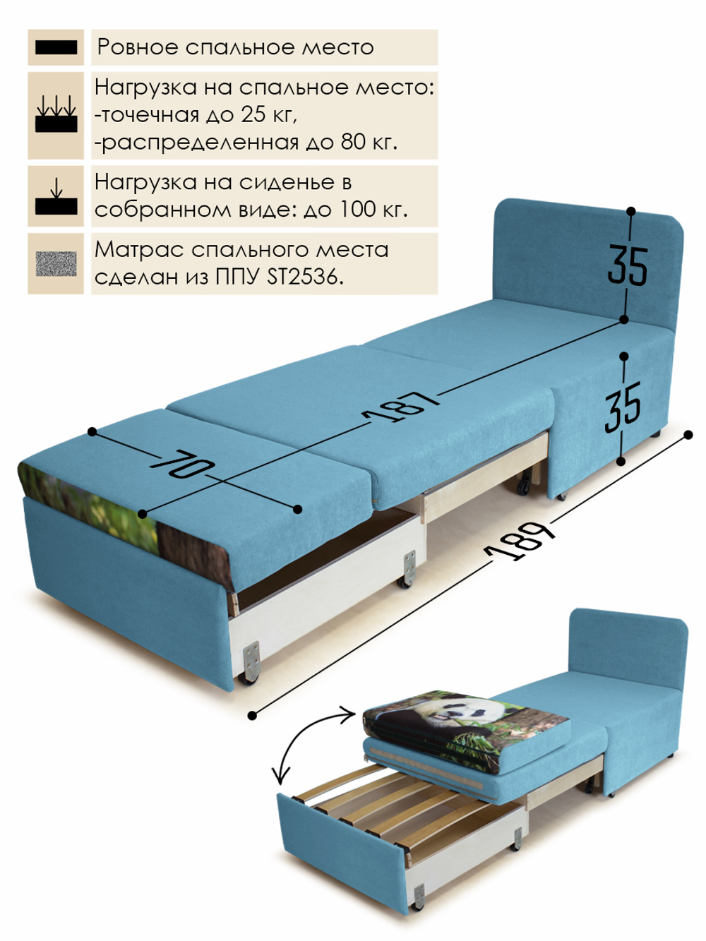 Кресло-кровать "Миник" 70 см, купон Панда