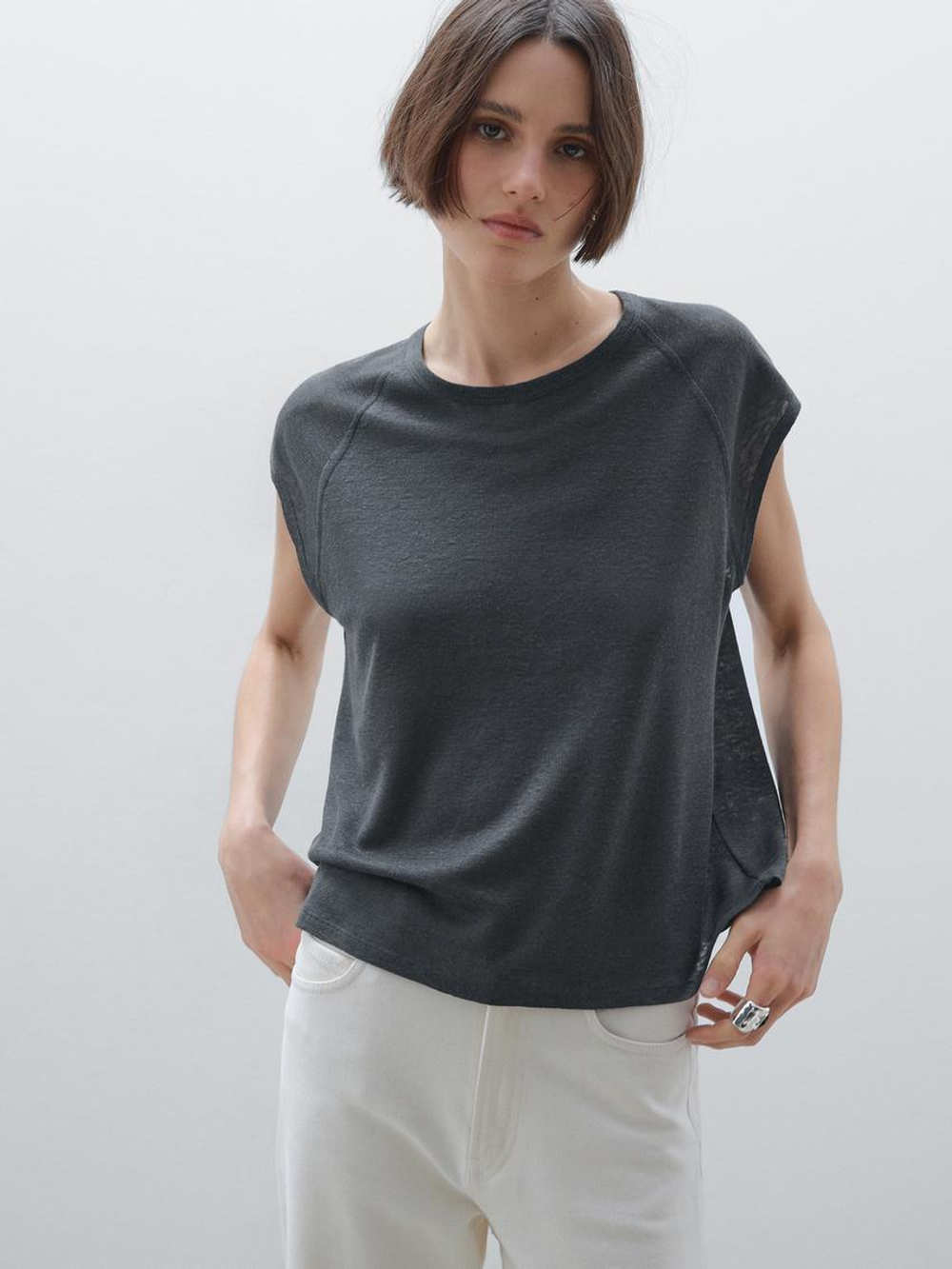 Massimo Dutti Футболка из 100% льна, свинцовый