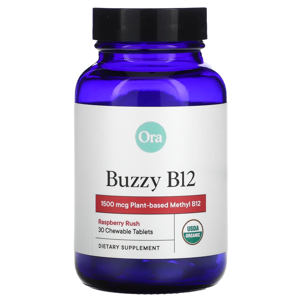 Ora, Buzzy B12, малина, 1500 мкг, 30 жевательных таблеток