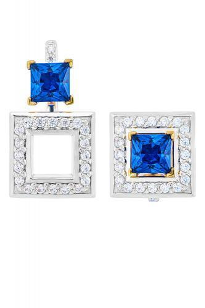 Серьги из серебра со вставками из выращенной синей шпинели и бесцветных фианитов