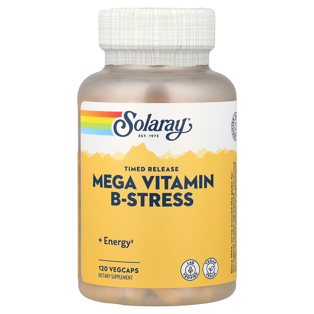 Solaray, мегавитамин B-Stress, замедленное высвобождение, 120 растительных капсул