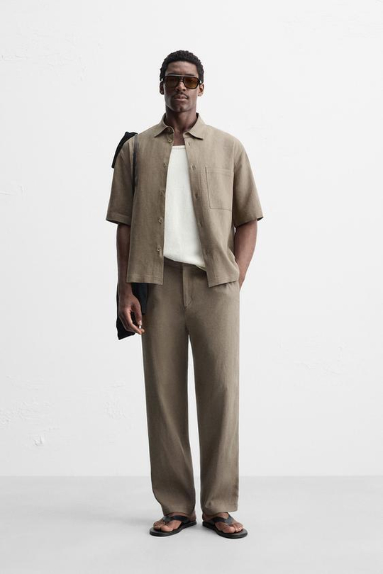 ZARA БРЮКИ ИЗ ВИСКОЗЫ И ДЖУТА, СЕРО-КОРИЧНЕВЫЙ