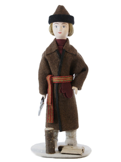 Кукла коллекционная парень в зимнем костюме с топором