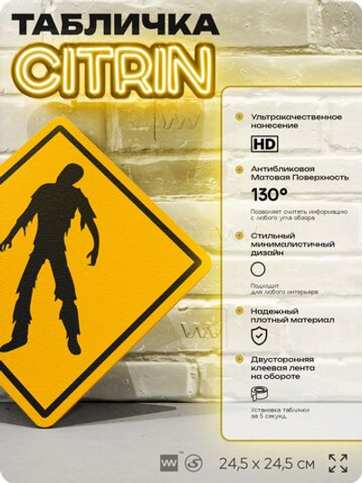 Табличка "Осторожно, зомби №2" шуточная прикольная табличка на дверь и стену, для офиса и дома, декоративный знак, 24,5х24,5 см, пластиковая, Айдентика Технолоджи