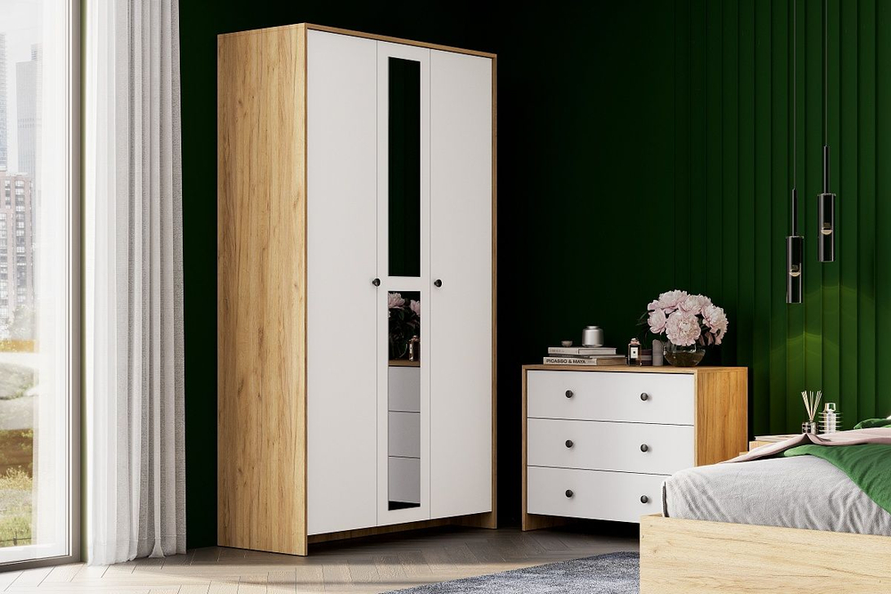 Дольче Шкаф трехстворчатый Дуб Золотой/Белый