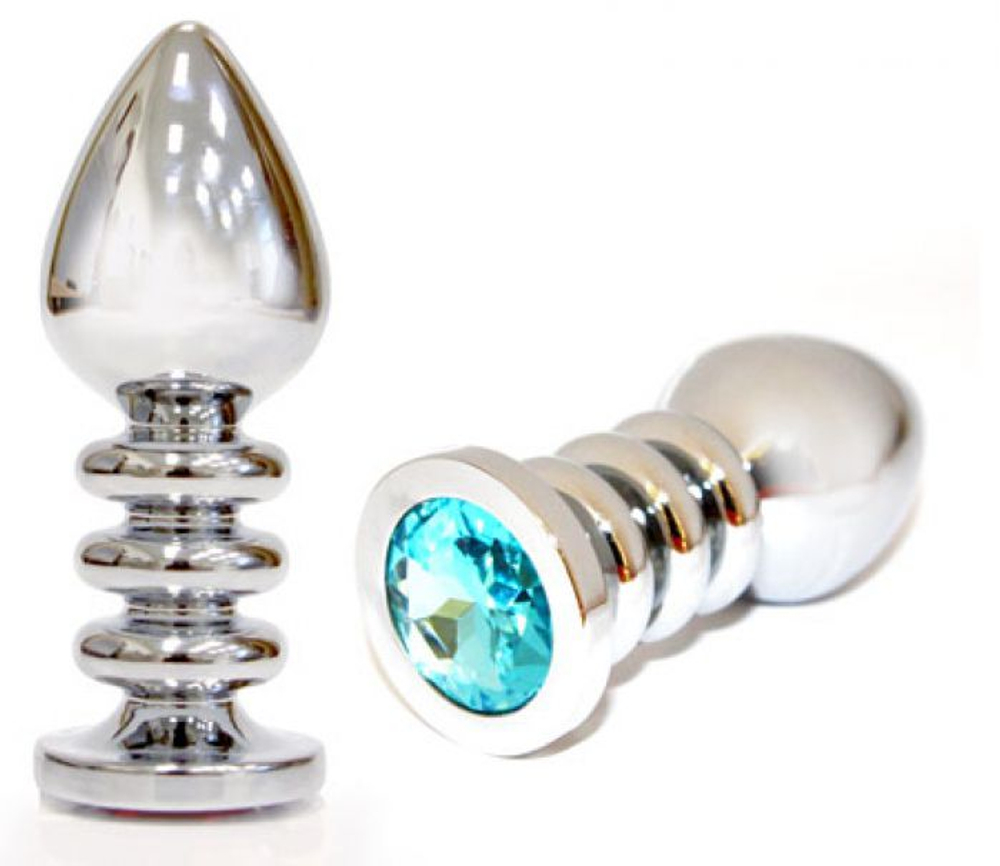 Большая серебристая анальная пробка с голубым кристаллом - 10 см. (Цвет: голубой)