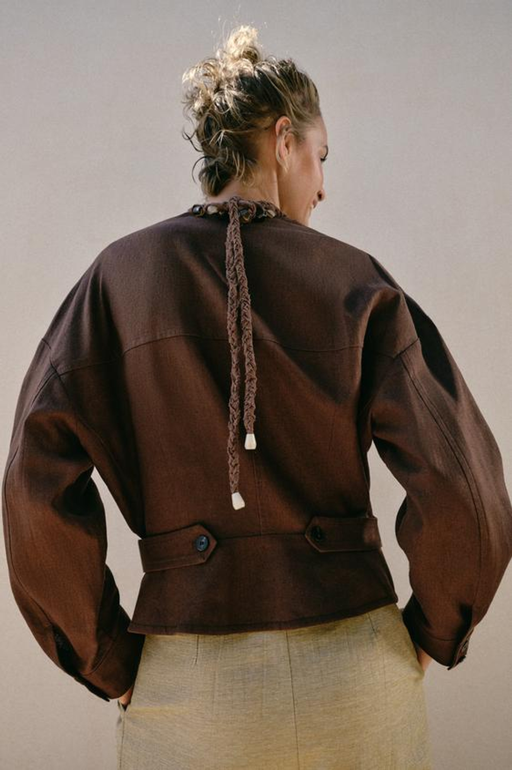 ZARA ДВУБОРТНАЯ КУРТКА ИЗ ЛЬНА, ШОКОЛАДНО-КОРИЧНЕВЫЙ