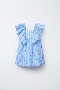 ZARA ПЛАТЬЕ С ВОЛАНАМИ И ПРИНТОМ, ГОЛУБОЙ