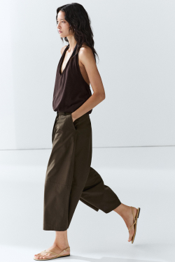 Massimo Dutti Брюки из смесового хлопкового поплина с широкими штанинами, хаки