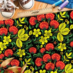 Ткань бифлекс крупная хохлома на чёрном фоне